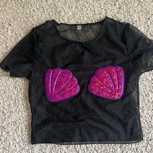 Black sheer top with metallic pink shells